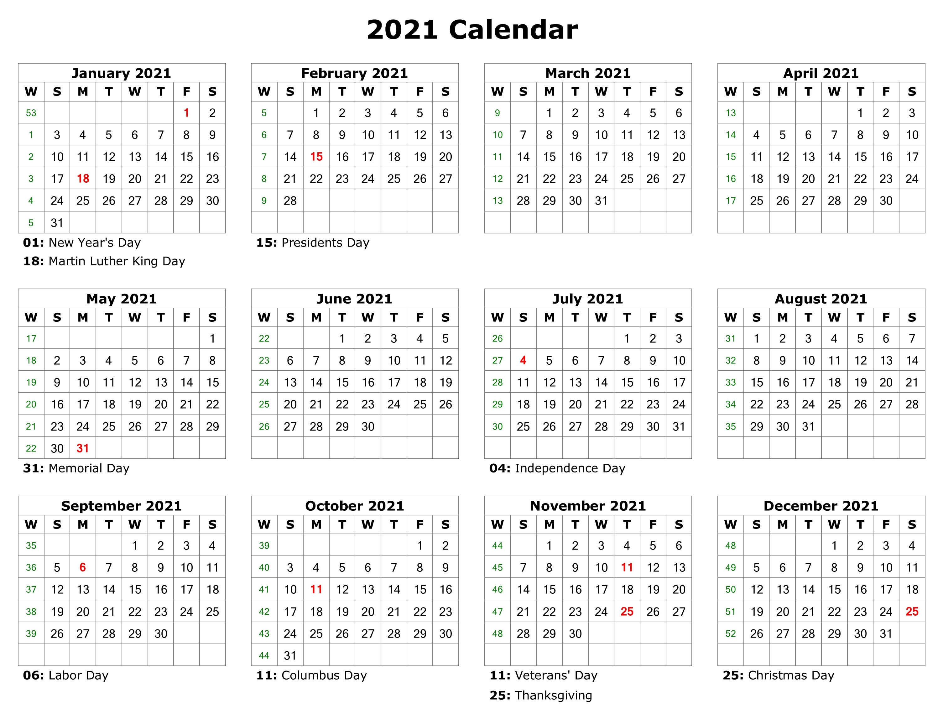 Yearly 2021 Calendar with Holidays - Free Printable 2020 ...