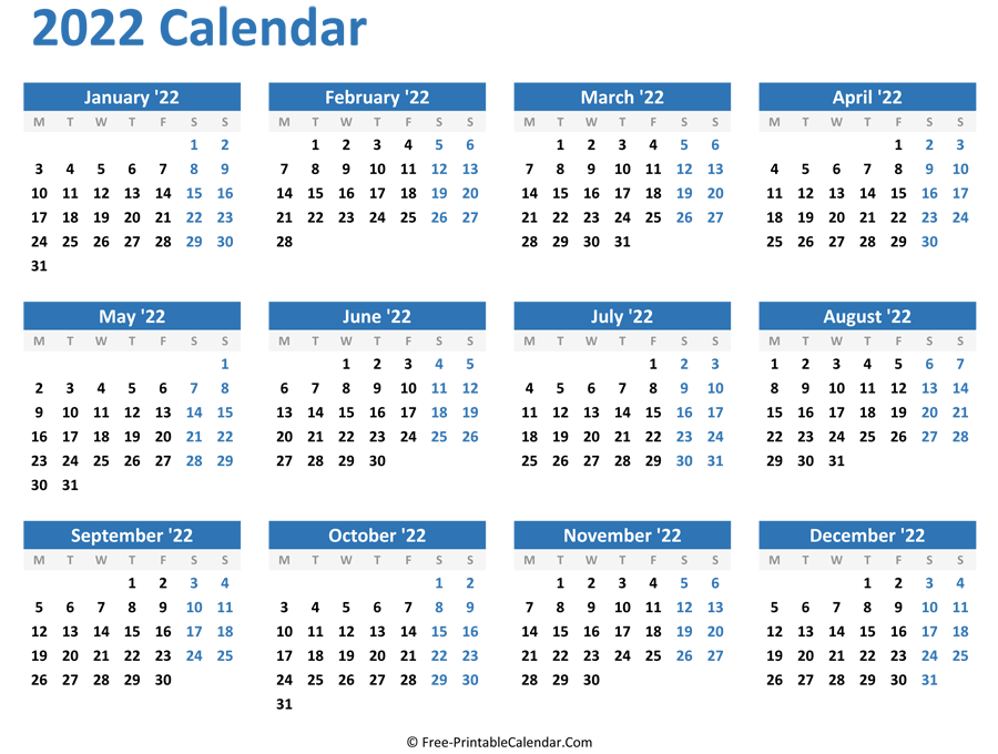 2022 Yearly Calendar