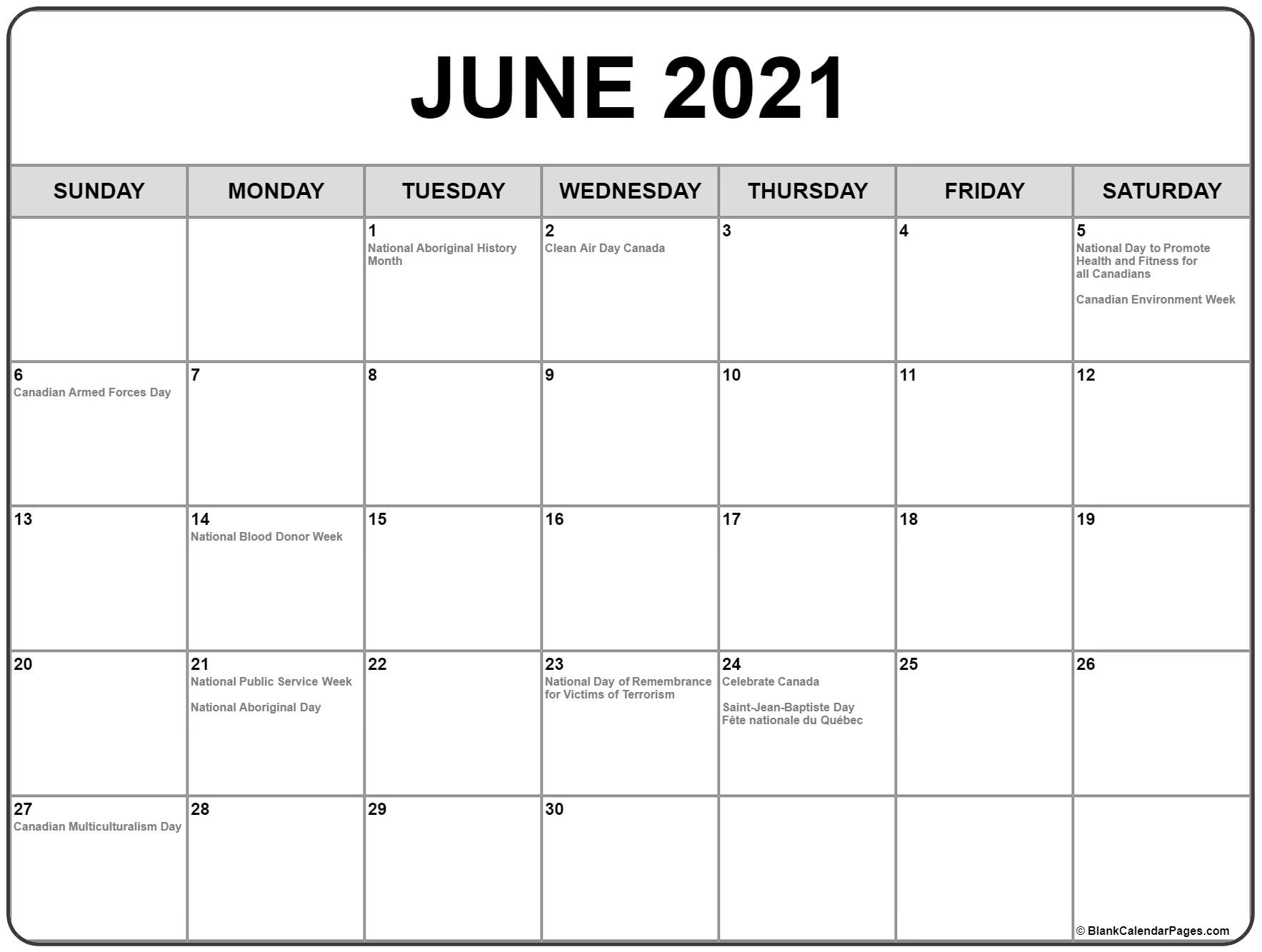 Collection of June 2021 calendars with holidays