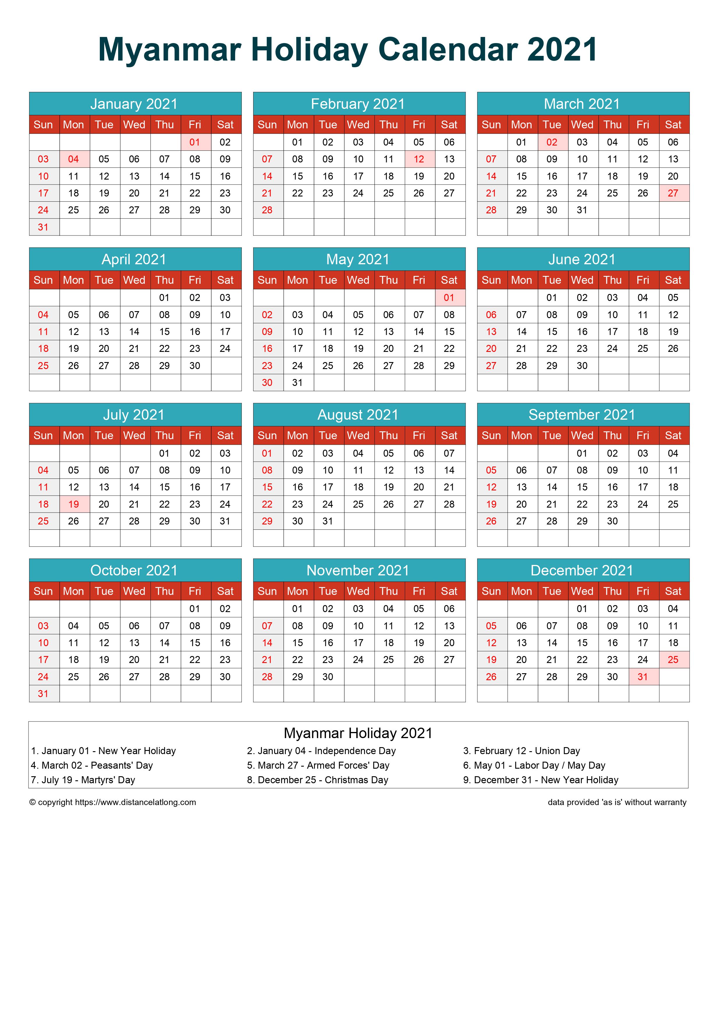 free Myanmar holiday printable calendar cheerful bright ...