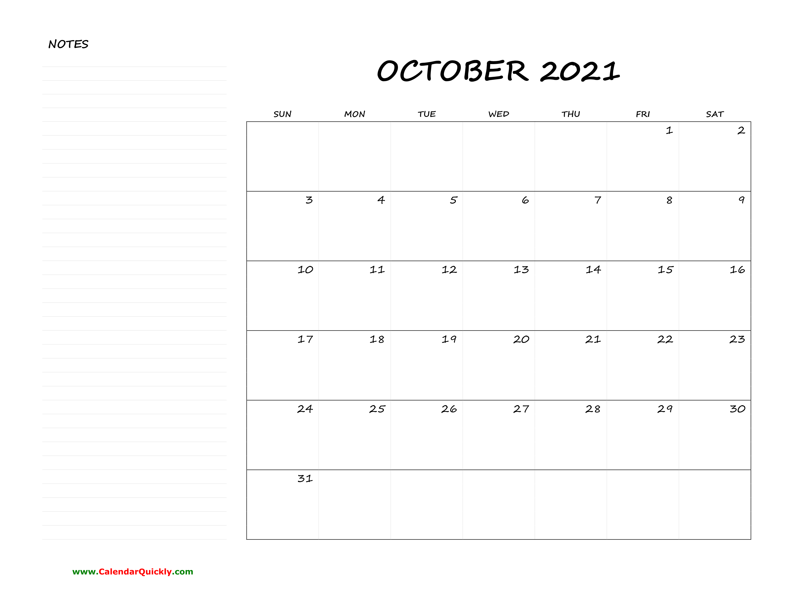 October Blank Calendar 2021 with Notes | Calendar Quickly