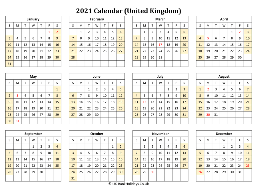 Download Printable 2021 Uk Calendar (Landscape Layout)