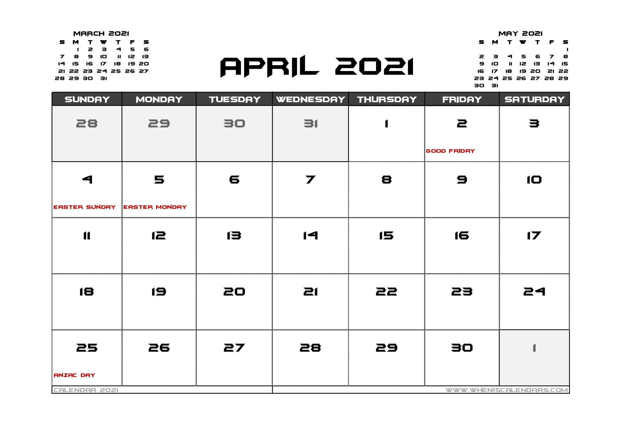 Printable 2021 Calendar Australia