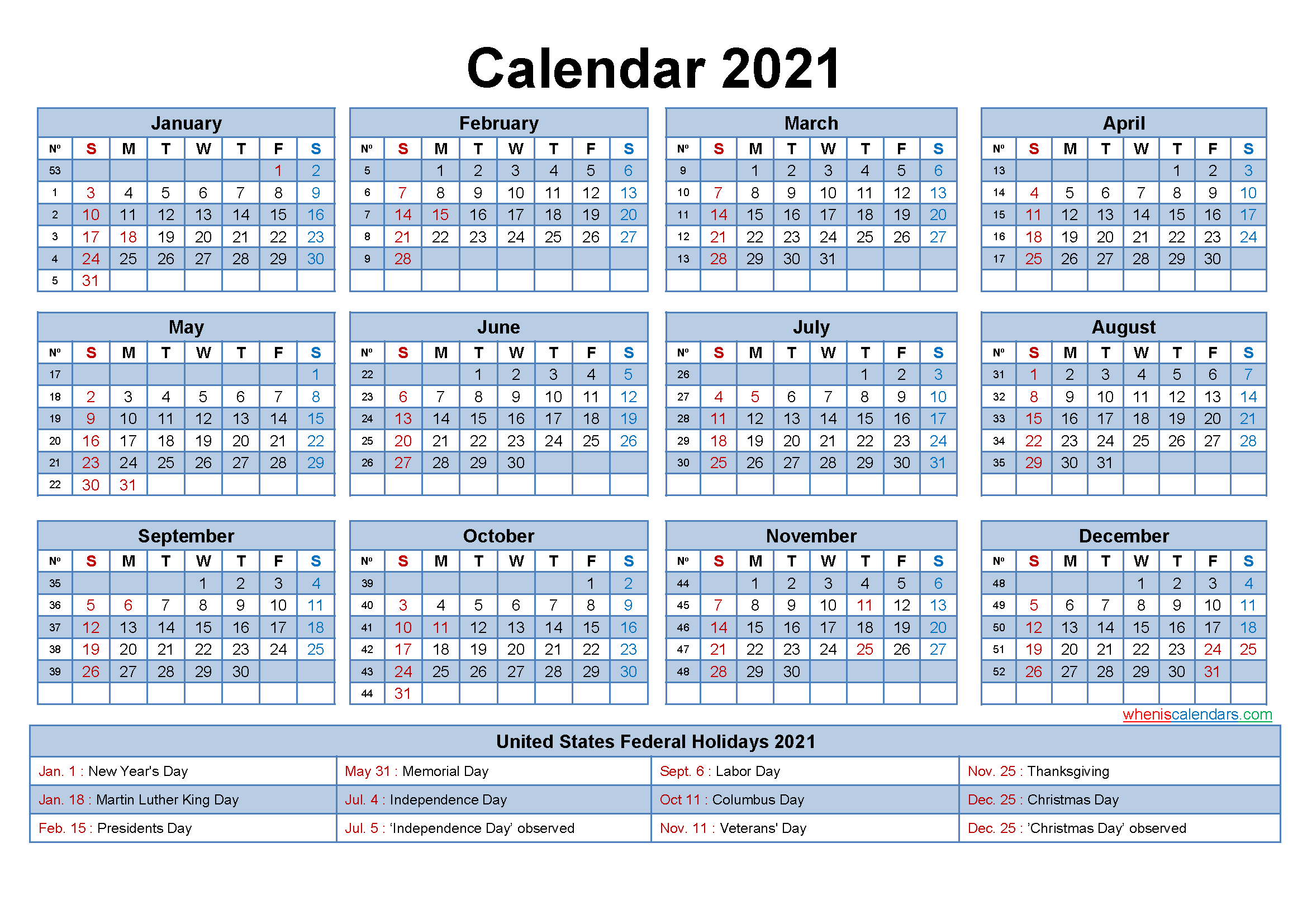 Free 2021 Yearly Calender Template / 12 Month Colorful ...