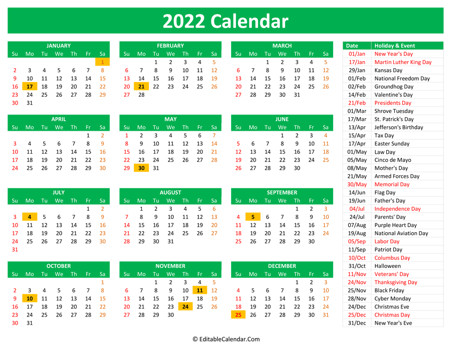 Календарь праздников 2022