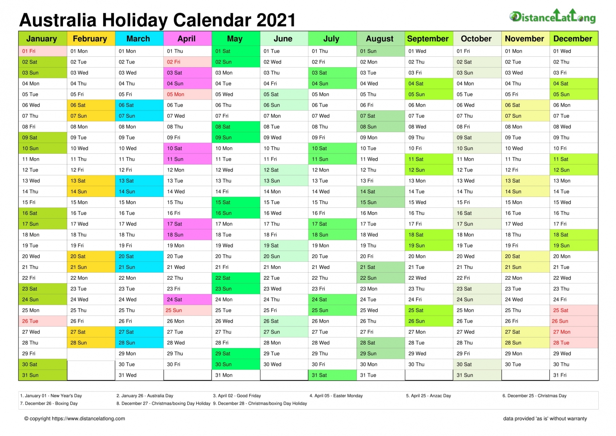 Printable 2021 Calendar Australia