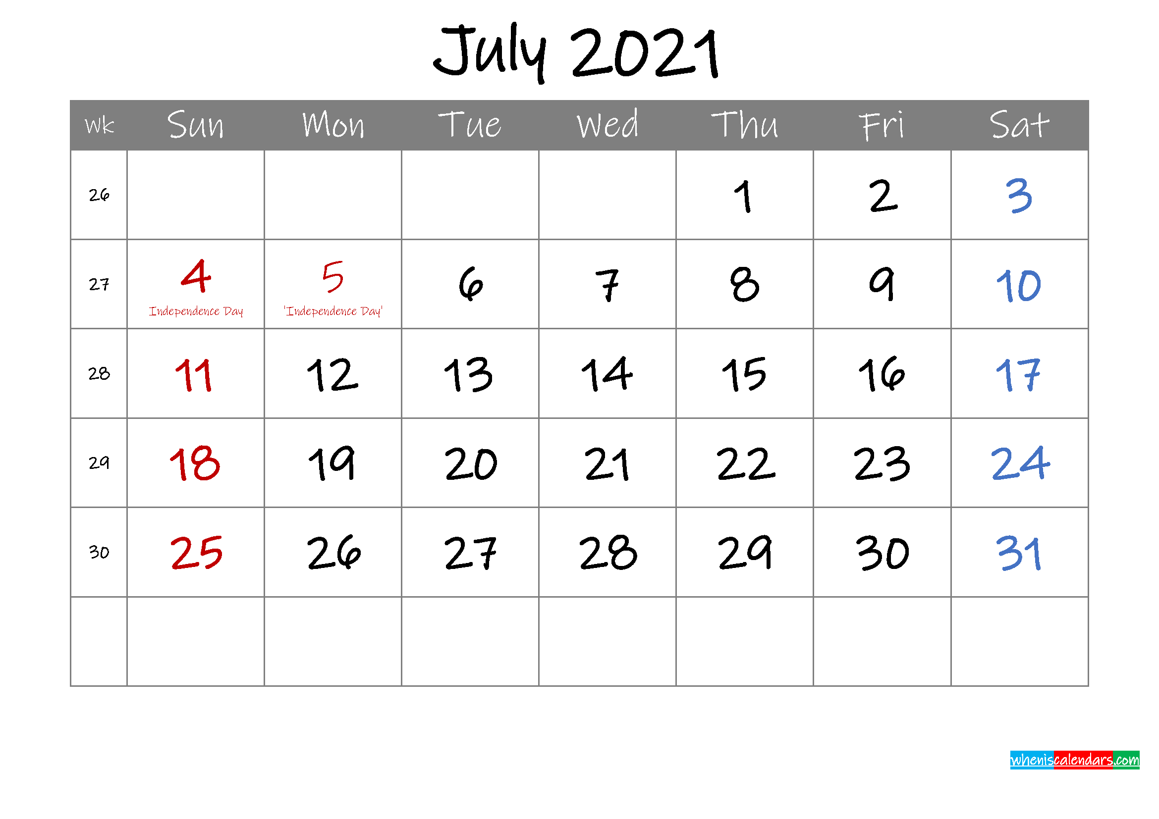 Editable July 2021 Calendar with Holidays - Template ...