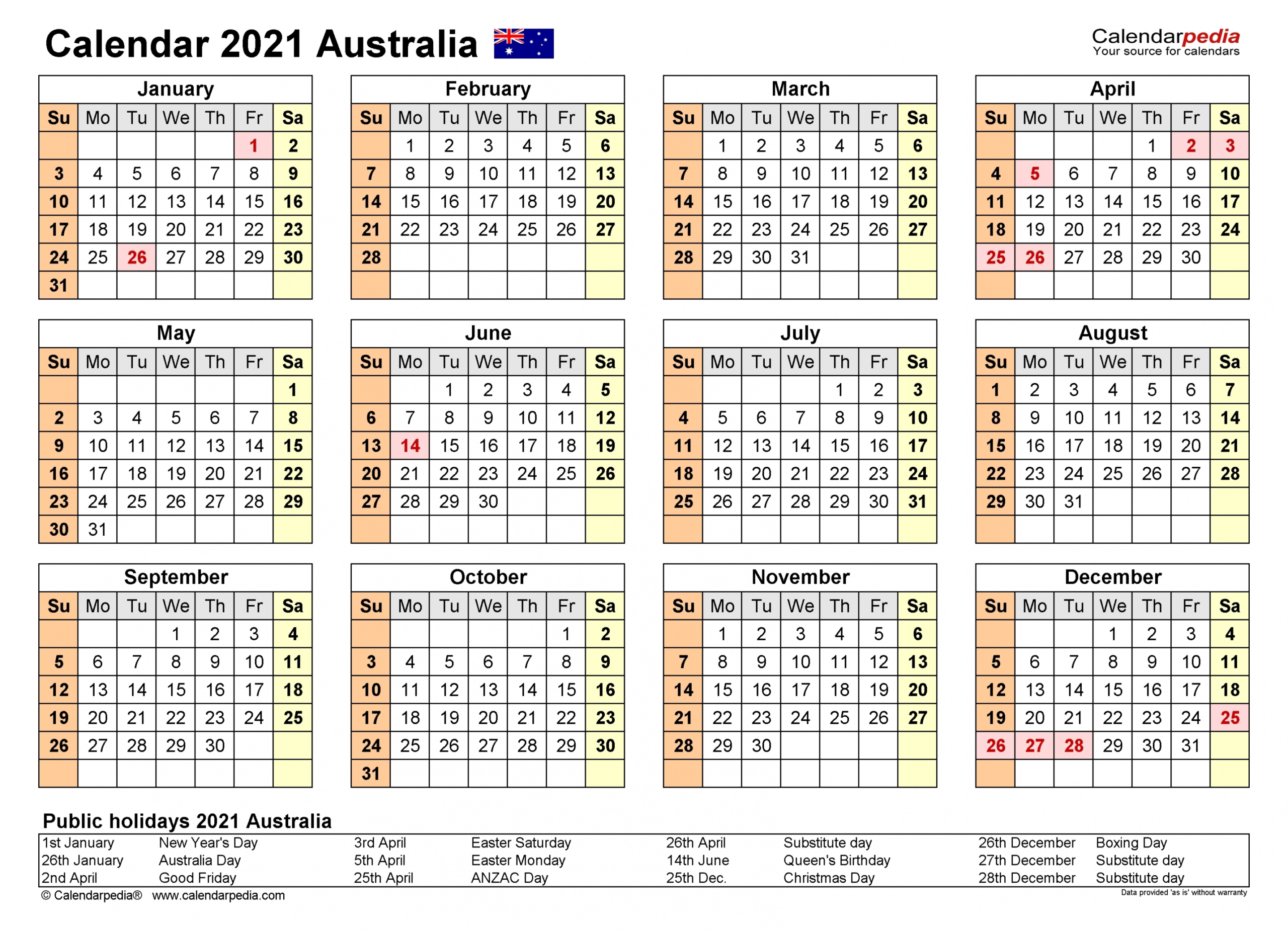 Printable 2021 Calendar Australia