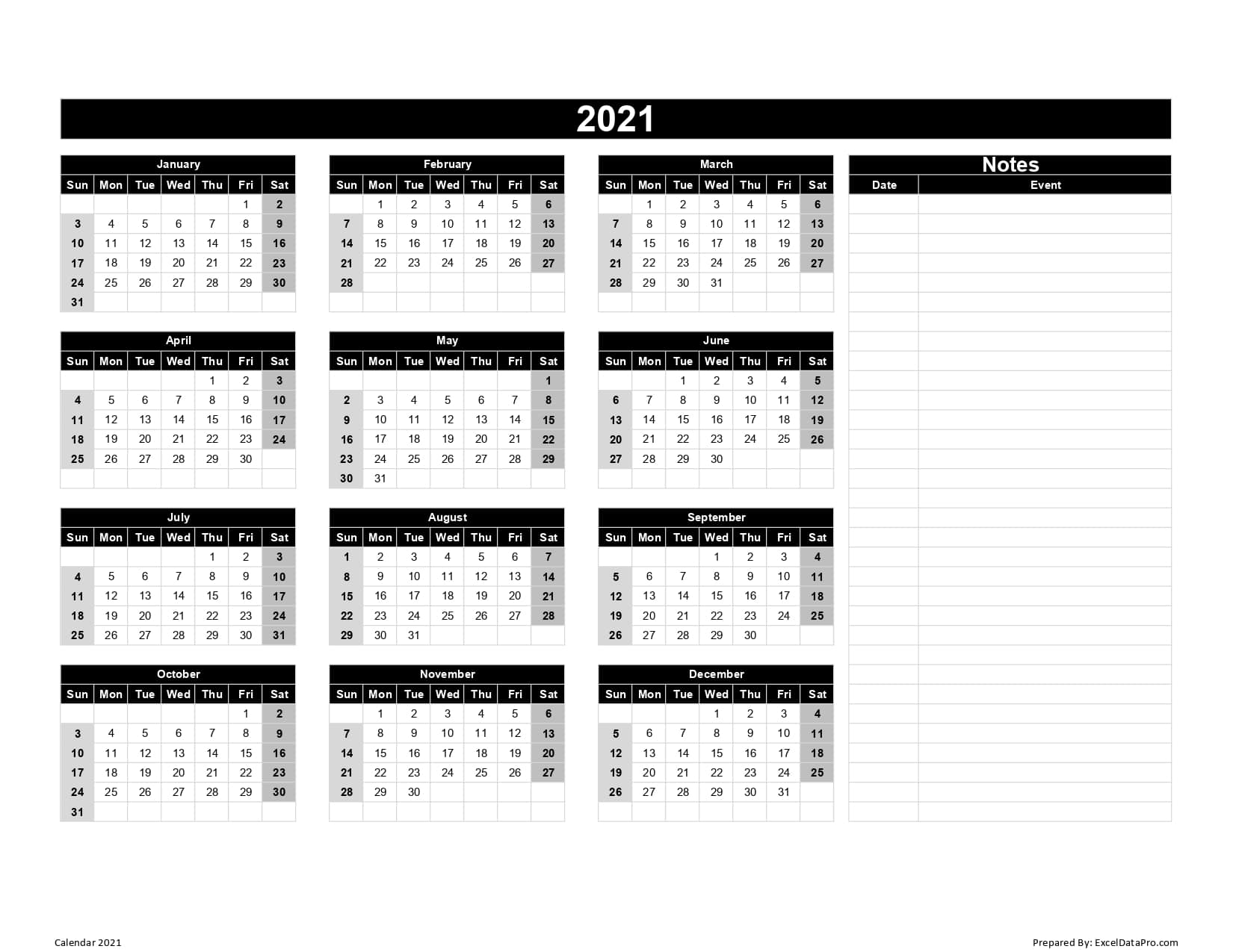 Calendar 2021 Excel Templates, Printable PDFs & Images ...