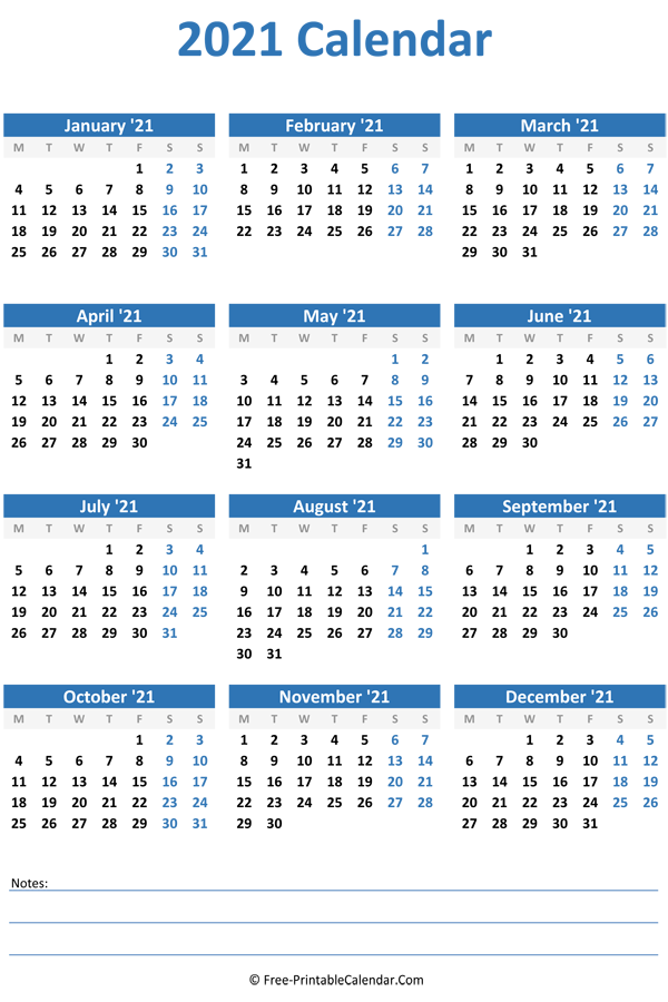 2021 Yearly Calendar