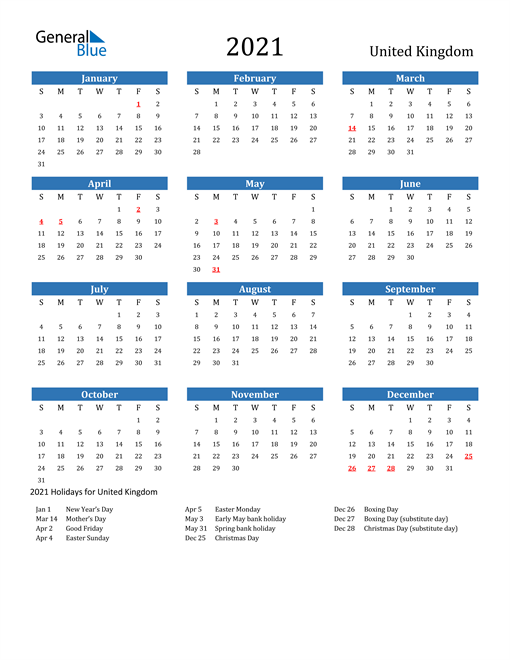 2021 Calendar - United Kingdom with Holidays