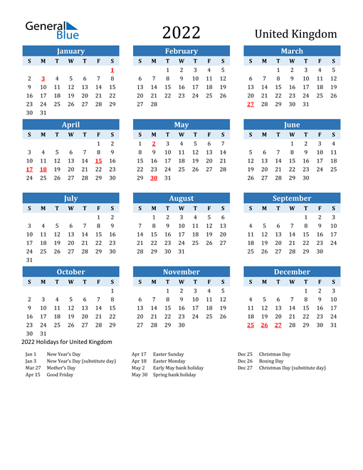 2022 Calendar - United Kingdom with Holidays