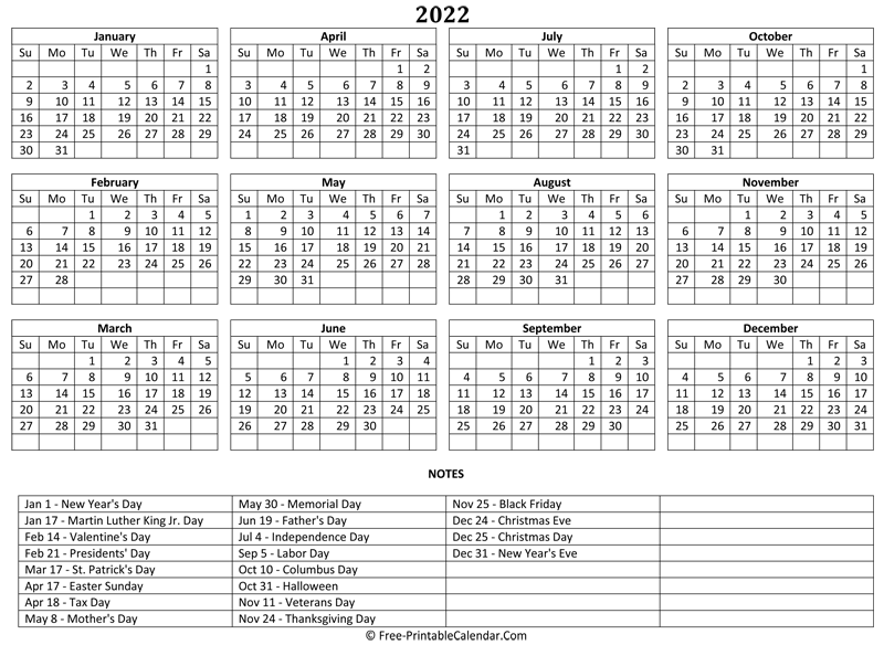Printable Calendar With Holidays 2022