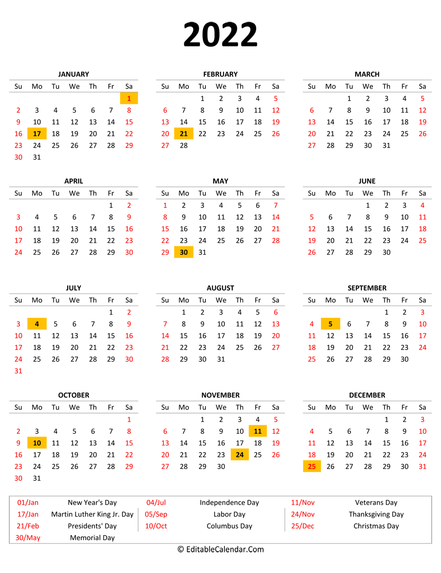 2022 Printable Calendar with Holidays (Portrait Orientation)