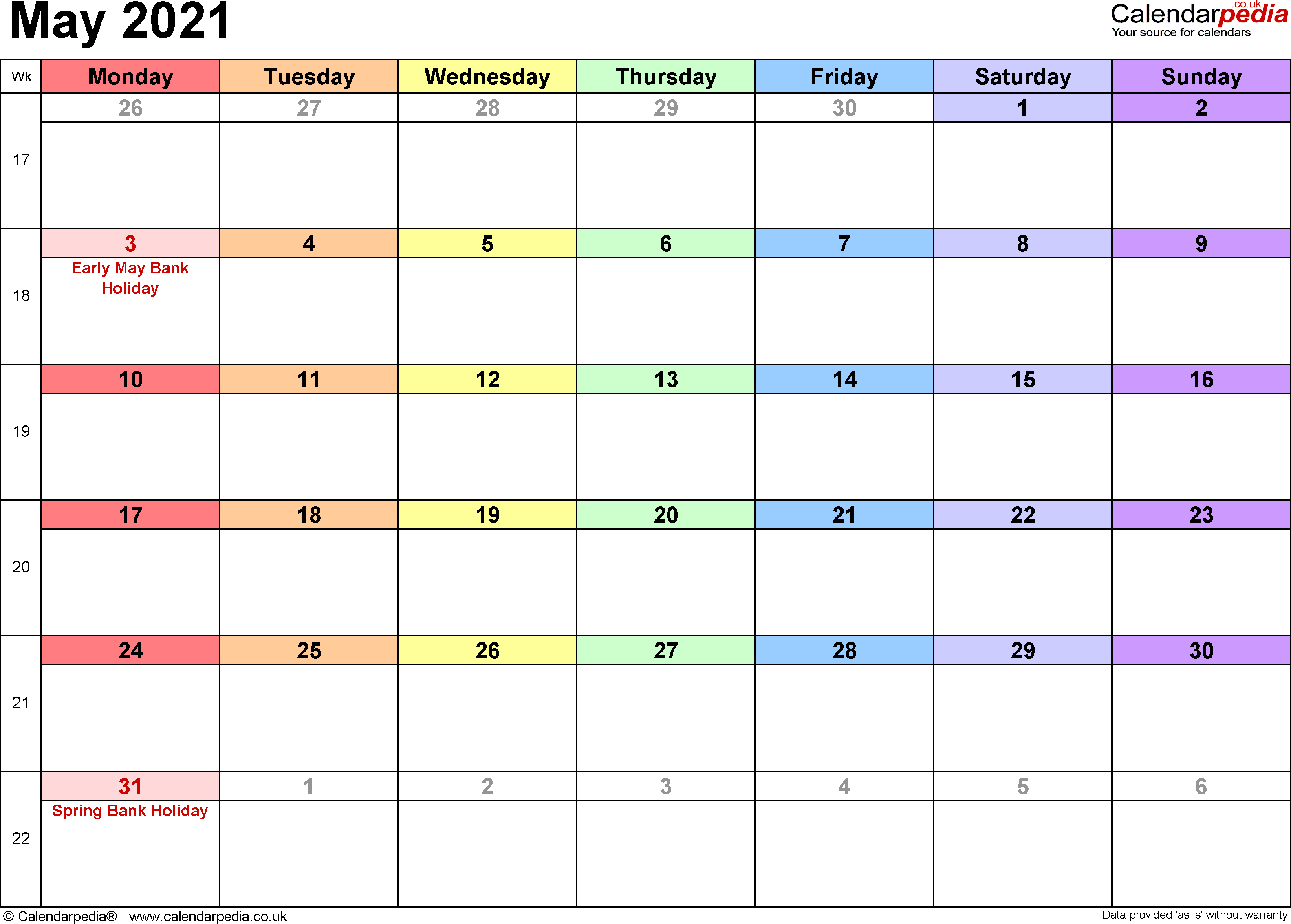 Calendar May 2021 UK, Bank Holidays, Excel/PDF/Word Templates