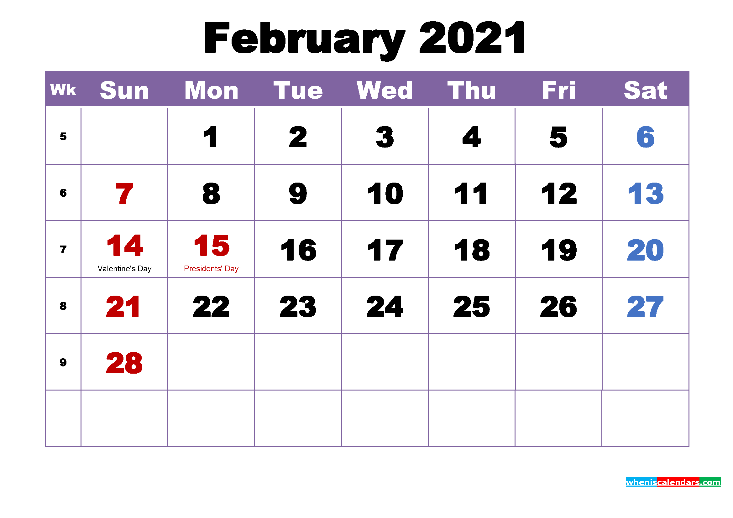 Large Number 2021 Free Calendar | Calendar Printables Free ...