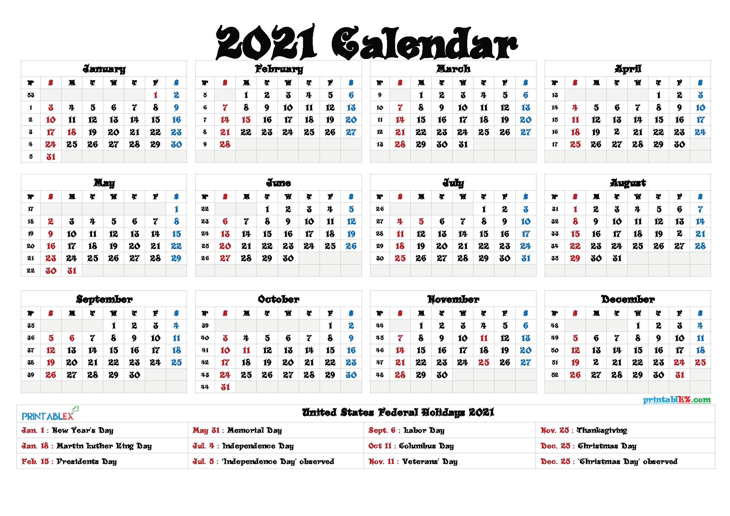 Calendar 2021 With Holidays Printable - February 2021