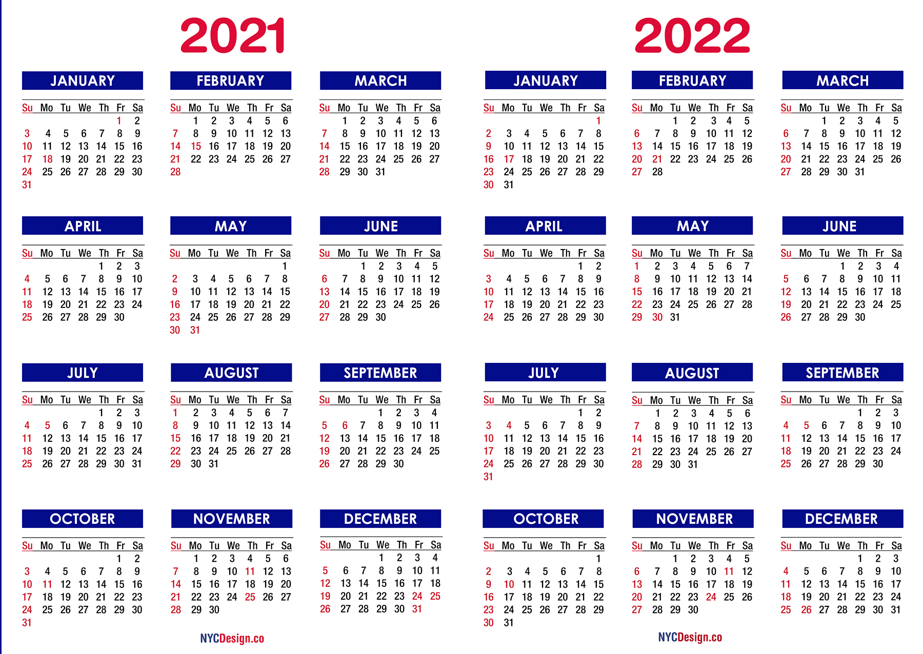 2021 - 2022 Two Year Calendar with Holidays, Printable ...