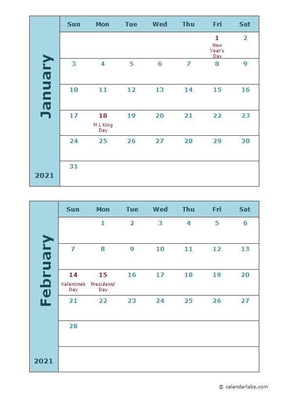 2021 Calendar Template Two Months Per Page - Free ...