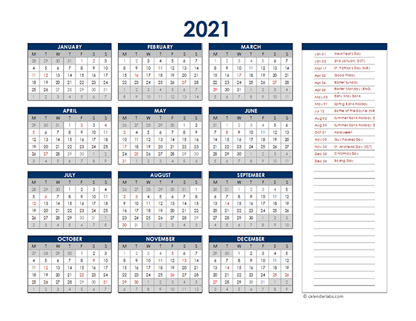 2021 UK Annual Calendar with Holidays - Free Printable ...