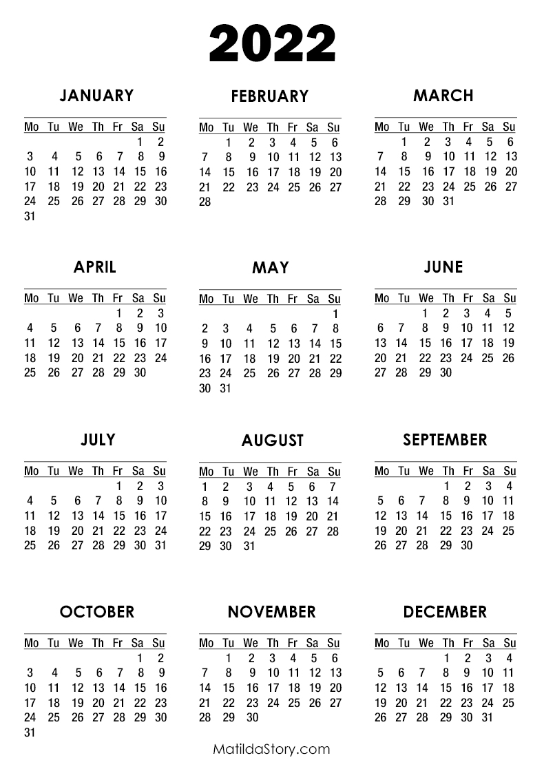 2022 Calendar Printable Free, White - Monday Start ...