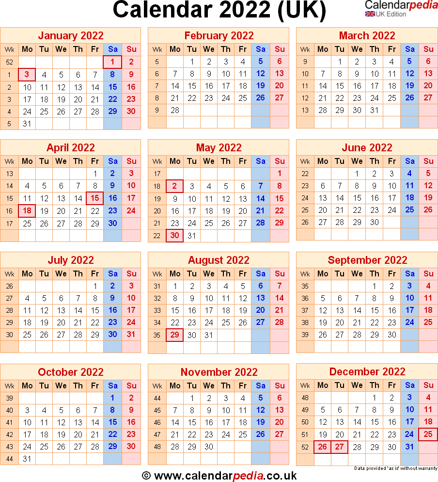 Calendar 2022 UK with bank holidays & Excel/PDF/Word templates
