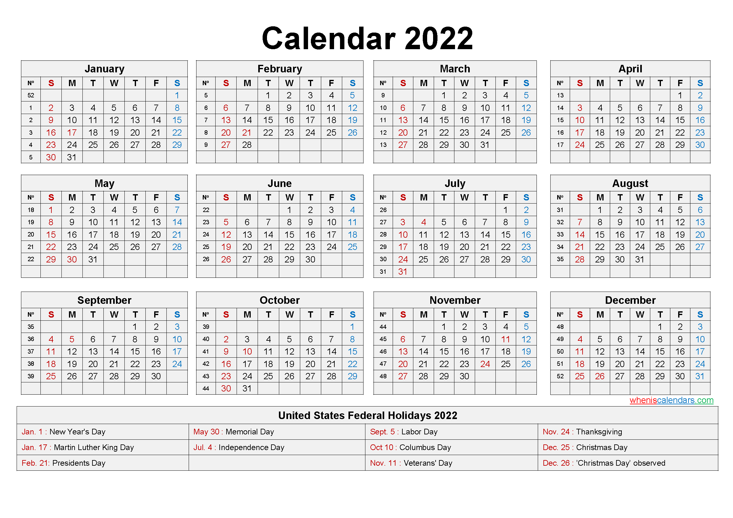 Large Desk Calendar 2022 with Holidays