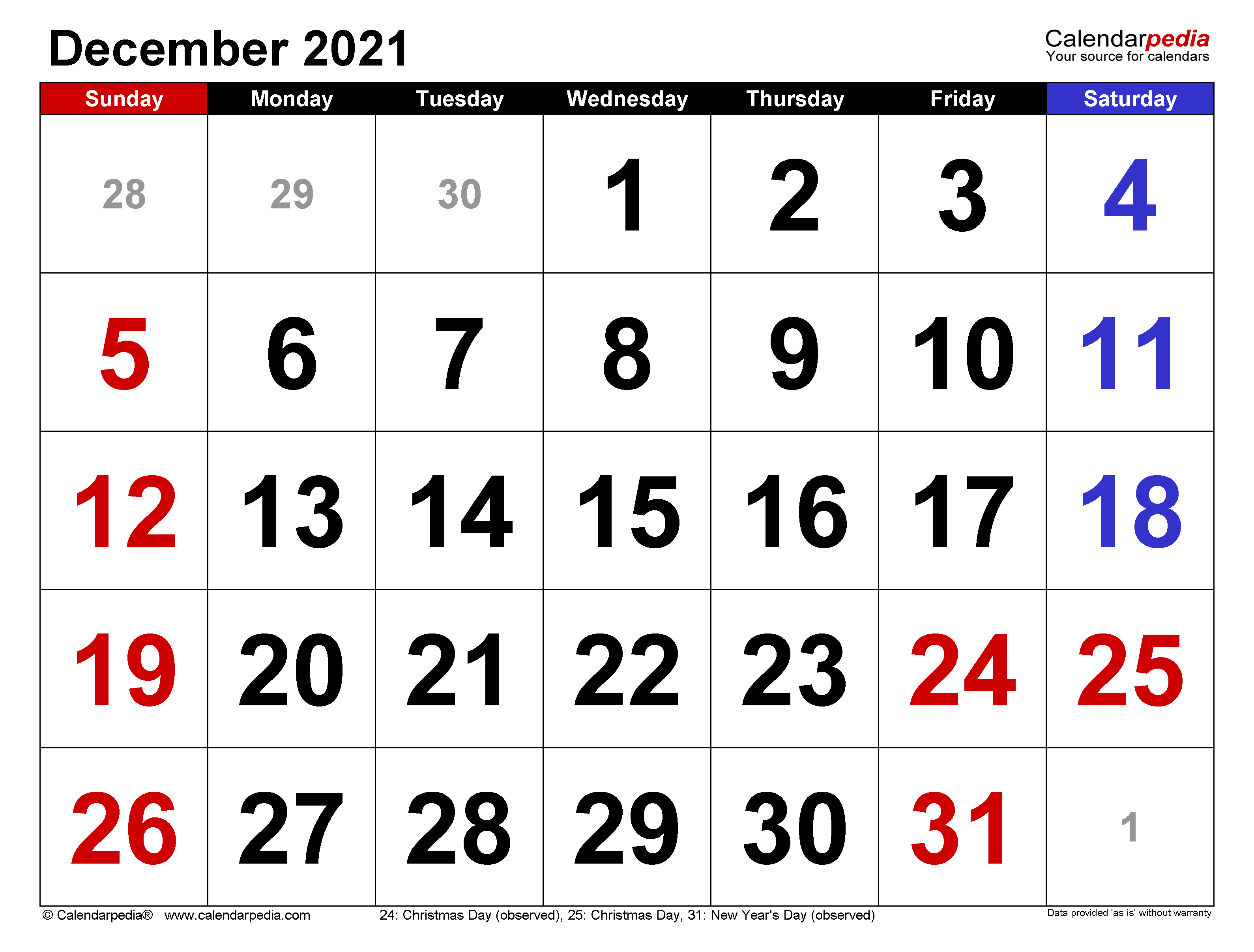 December 2021 Calendar | Templates for Word, Excel and PDF