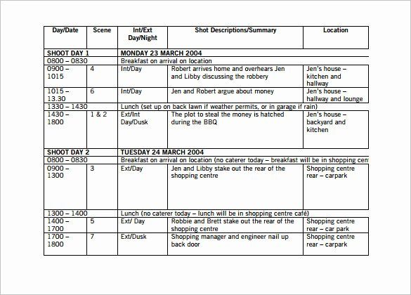 Filming Schedule Template