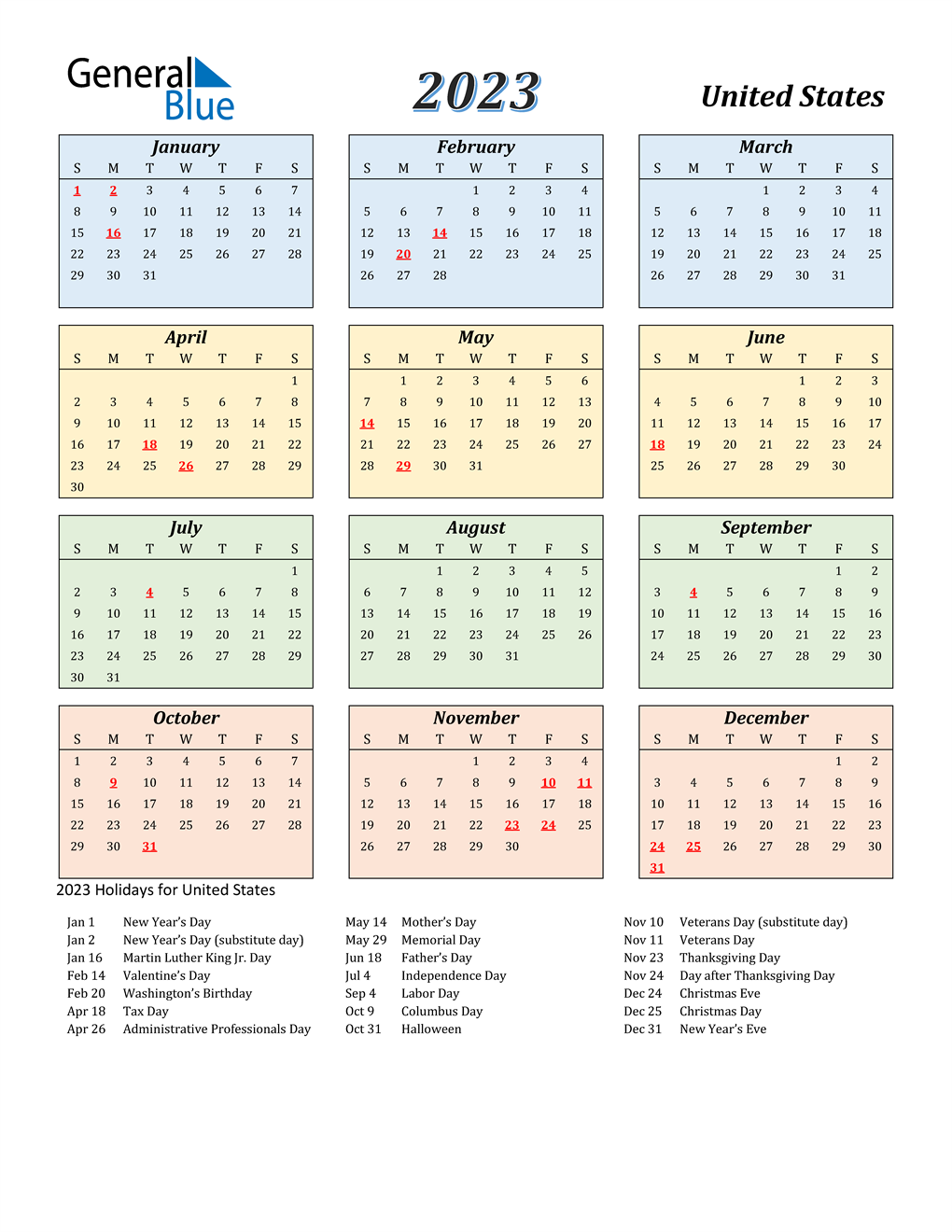 2023 United States Calendar with Holidays