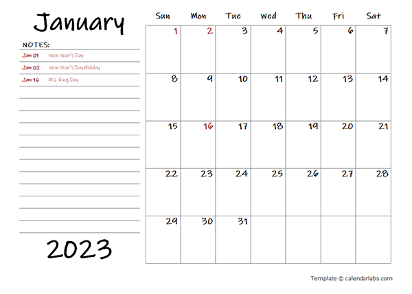 2023 Calendar Template with Monthly Notes - Free Printable Templates