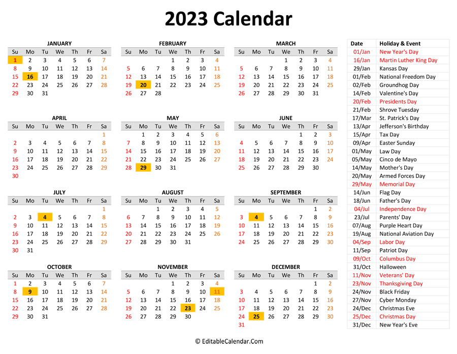 2023 Printable Calendar with Holidays