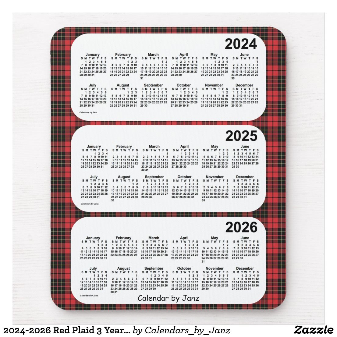 2024-2026 Red Plaid 3 Year Calendar by Janz Mouse Pad | Zazzle.com