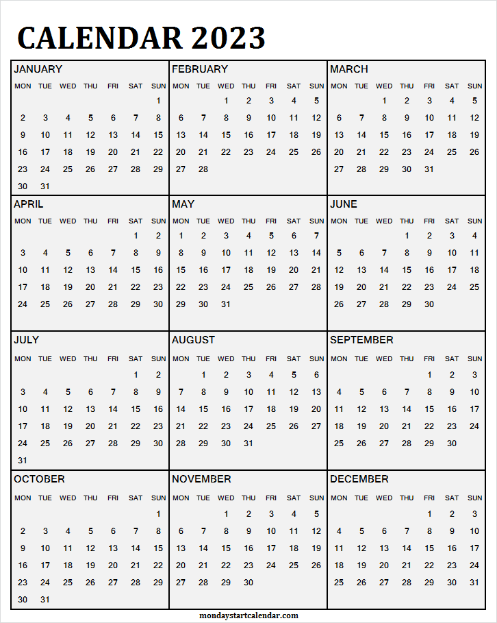 Monday Start 2023 Calendar Excel | One Page Calendar Printable Free