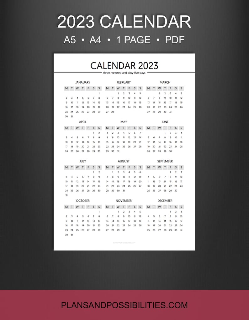 A5 2023 Year Planner Calendar insert Year On One Page | Etsy