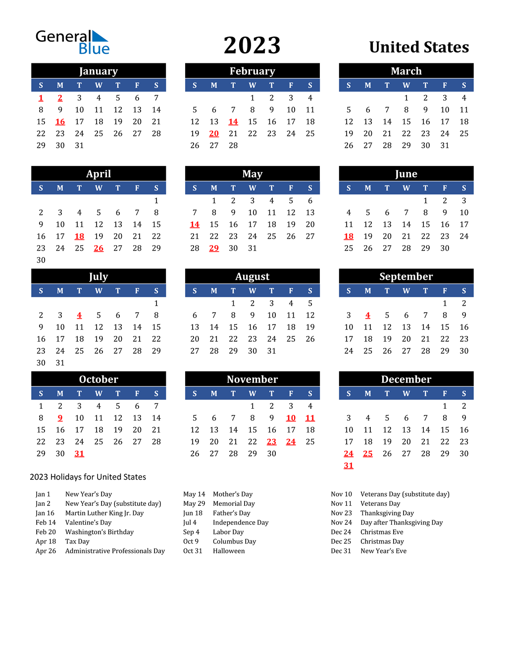 2023 United States Calendar with Holidays