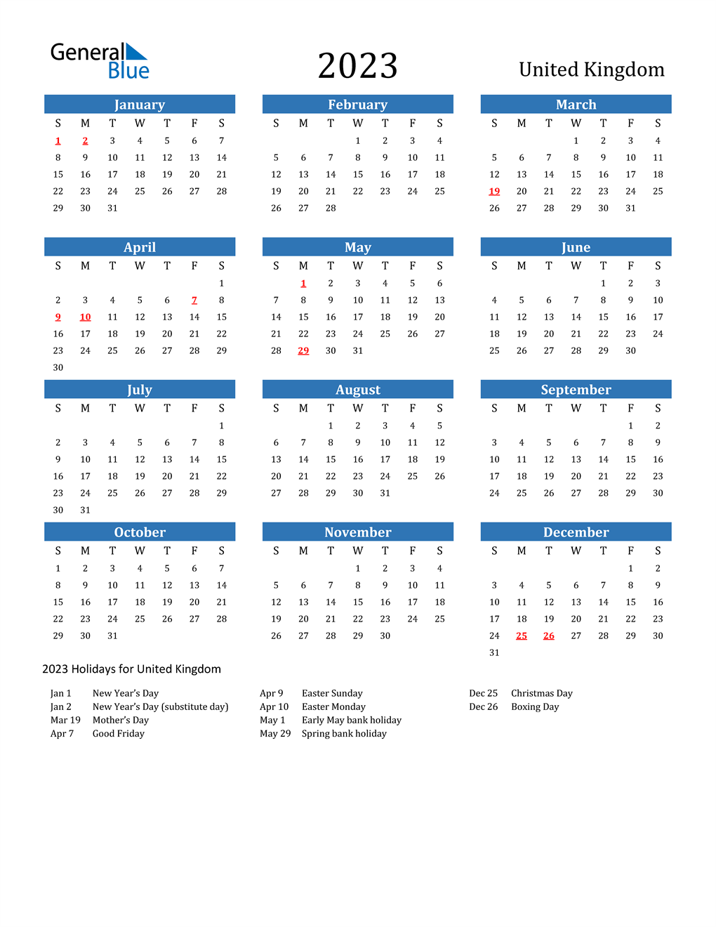 2023 United Kingdom Calendar with Holidays