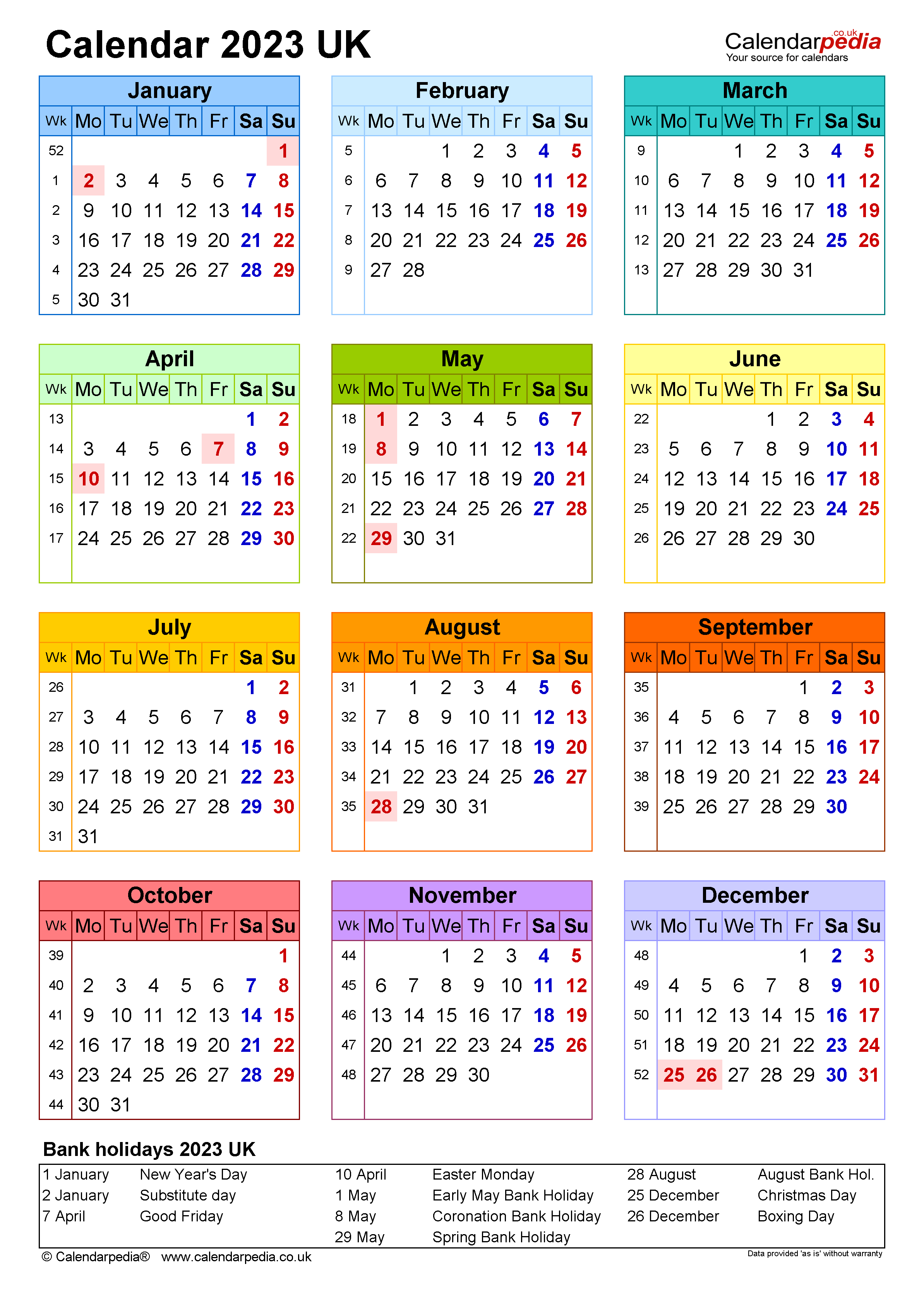 Calendar 2023 (UK) - free printable PDF templates