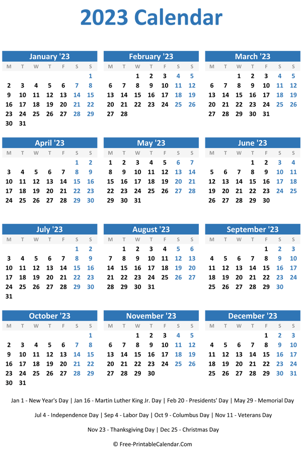 2023 Yearly Calendar