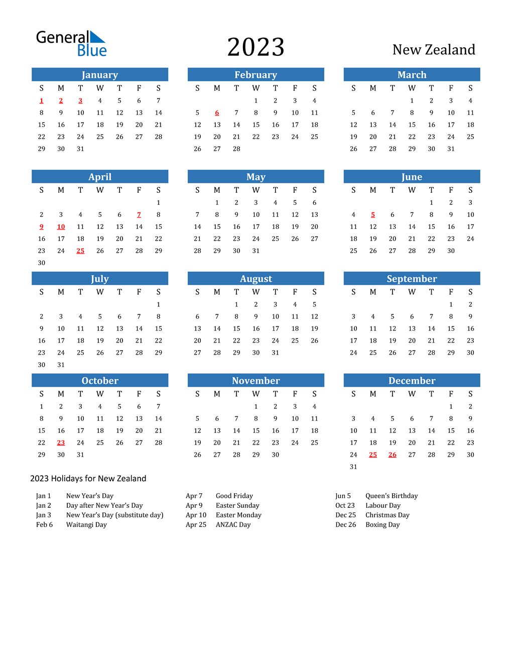 2023 New Zealand Calendar with Holidays