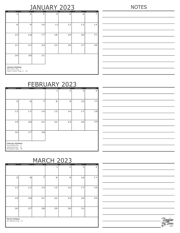 3 Month Calendar - 2023