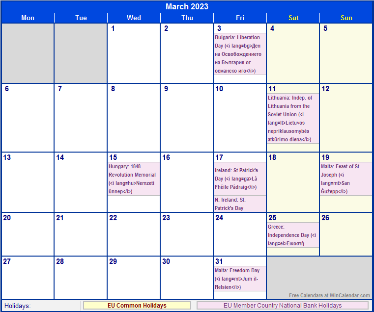 March 2023 EU Calendar with Holidays for printing (image format)