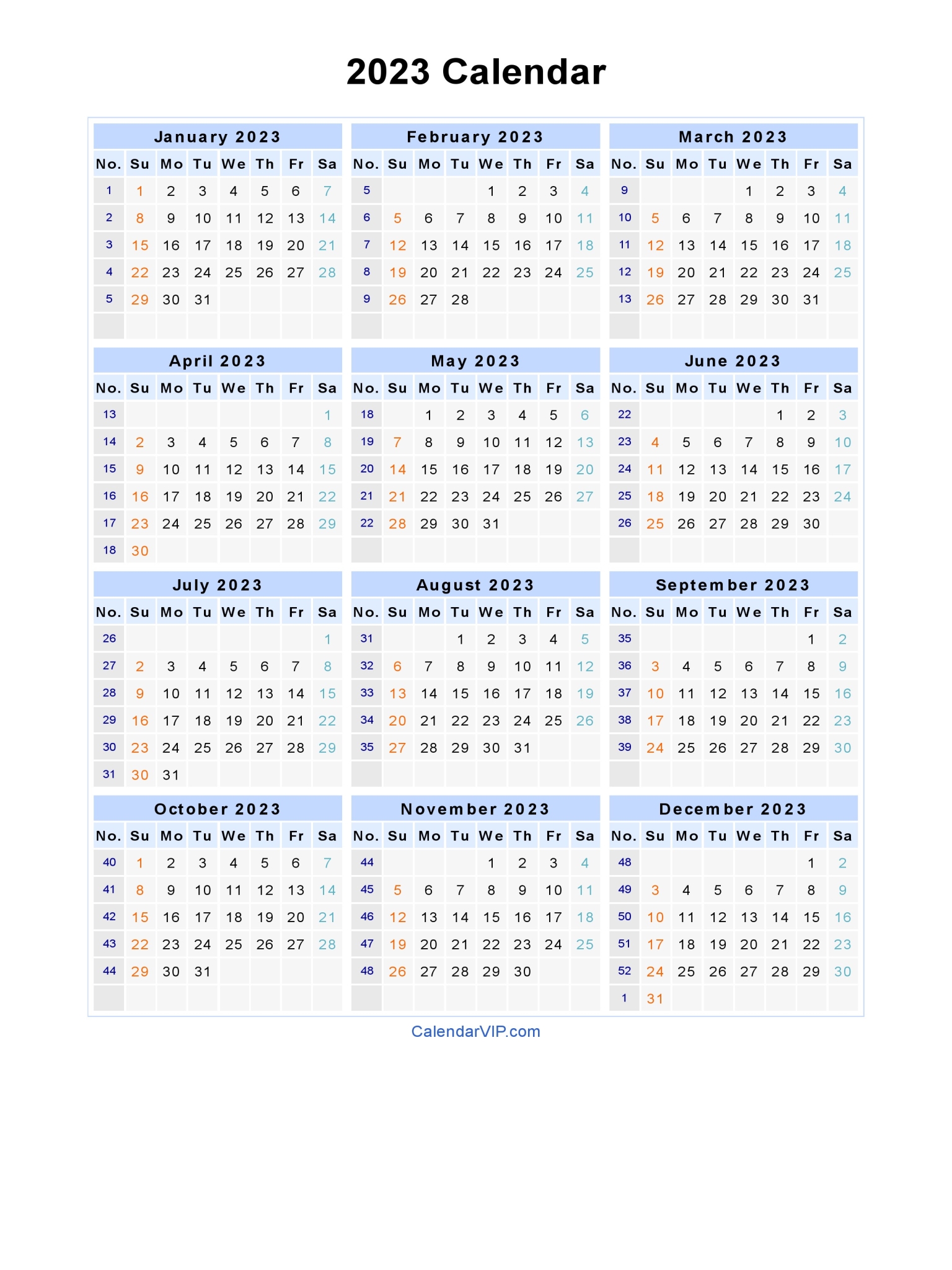 2023 Calendar - Blank Printable Calendar Template in PDF Word Excel