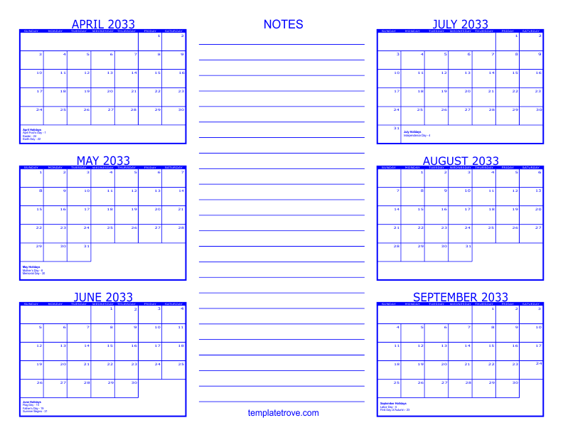 6 Month Calendar - 2033
