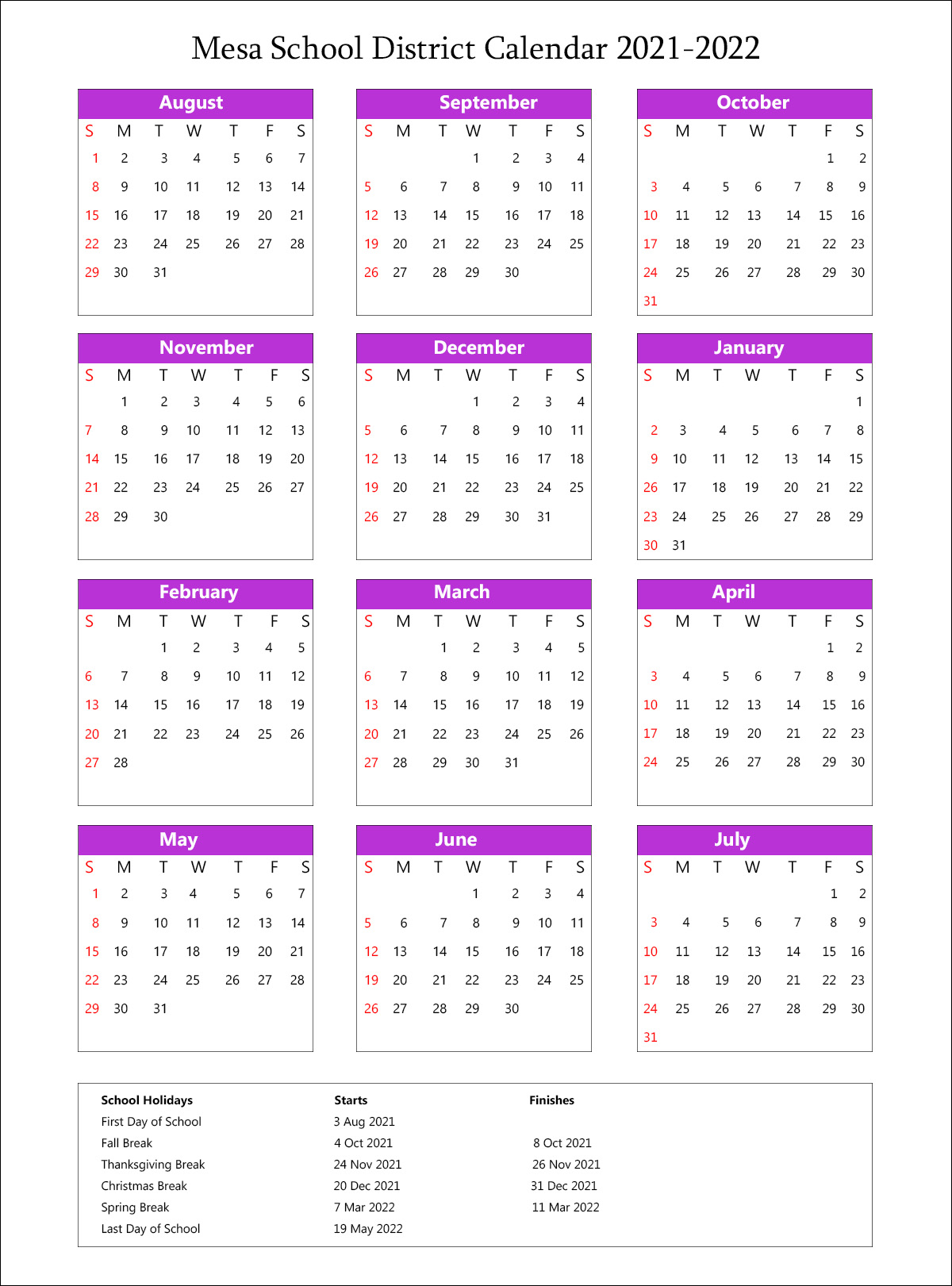 Mesa Unified School District Calendar Holidays 2021-2022