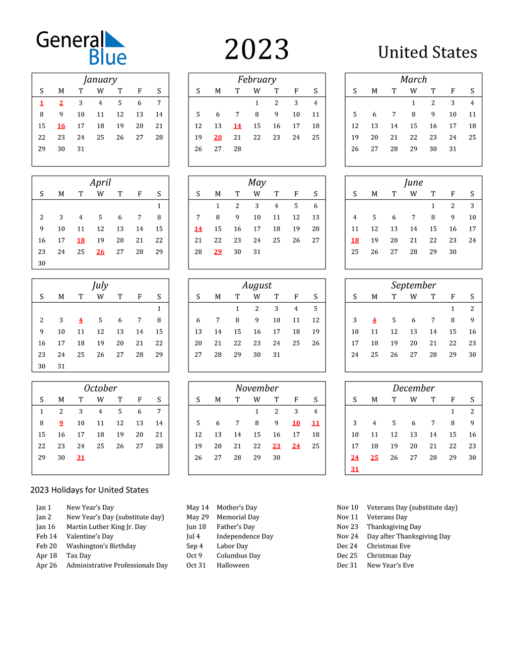 2023 United States Calendar with Holidays