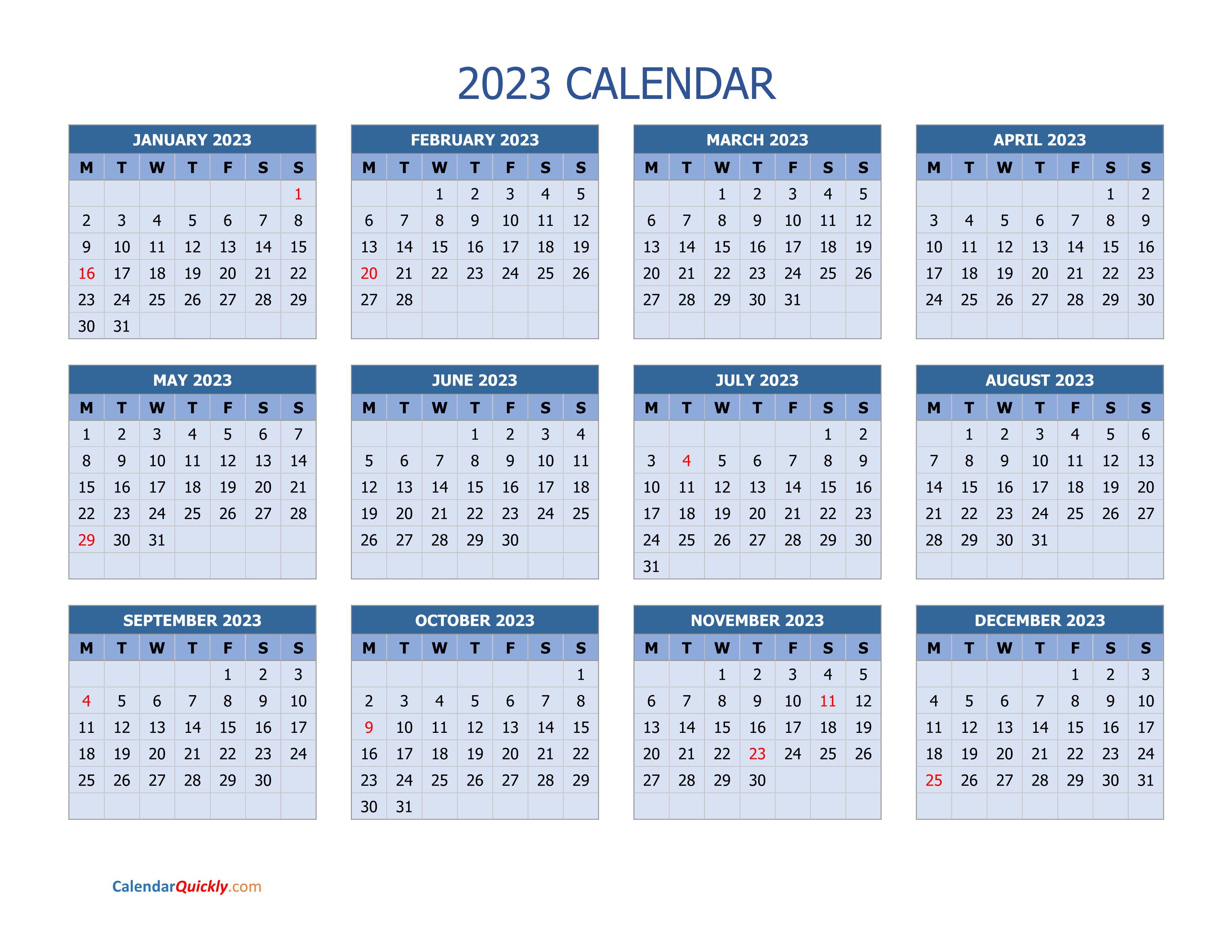 Monday 2023 Calendar Horizontal | Calendar Quickly