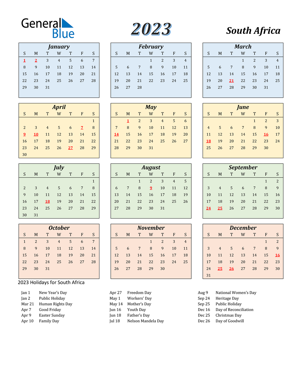 2023 South Africa Calendar with Holidays