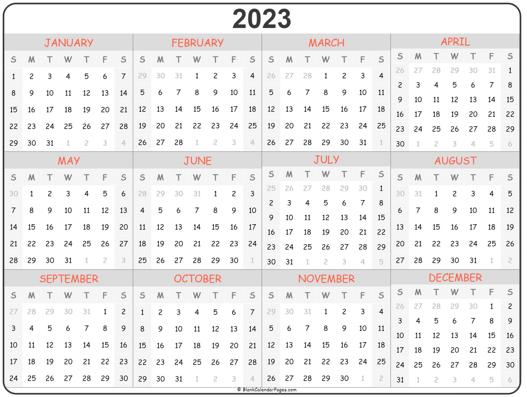 2023 year calendar | yearly printable