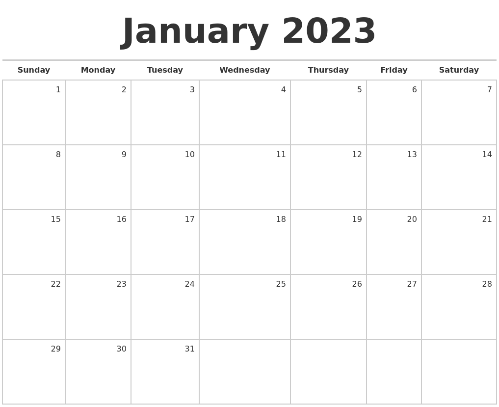 January 2023 Blank Monthly Calendar